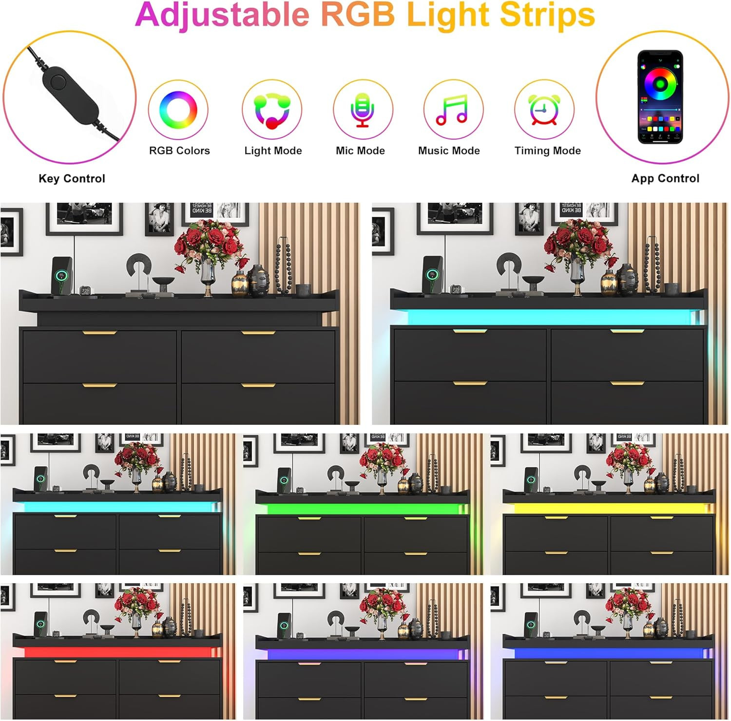 6 Drawer Dresser for Bedroom, Black Dresser with LED Lights and Power Outlet, Mo