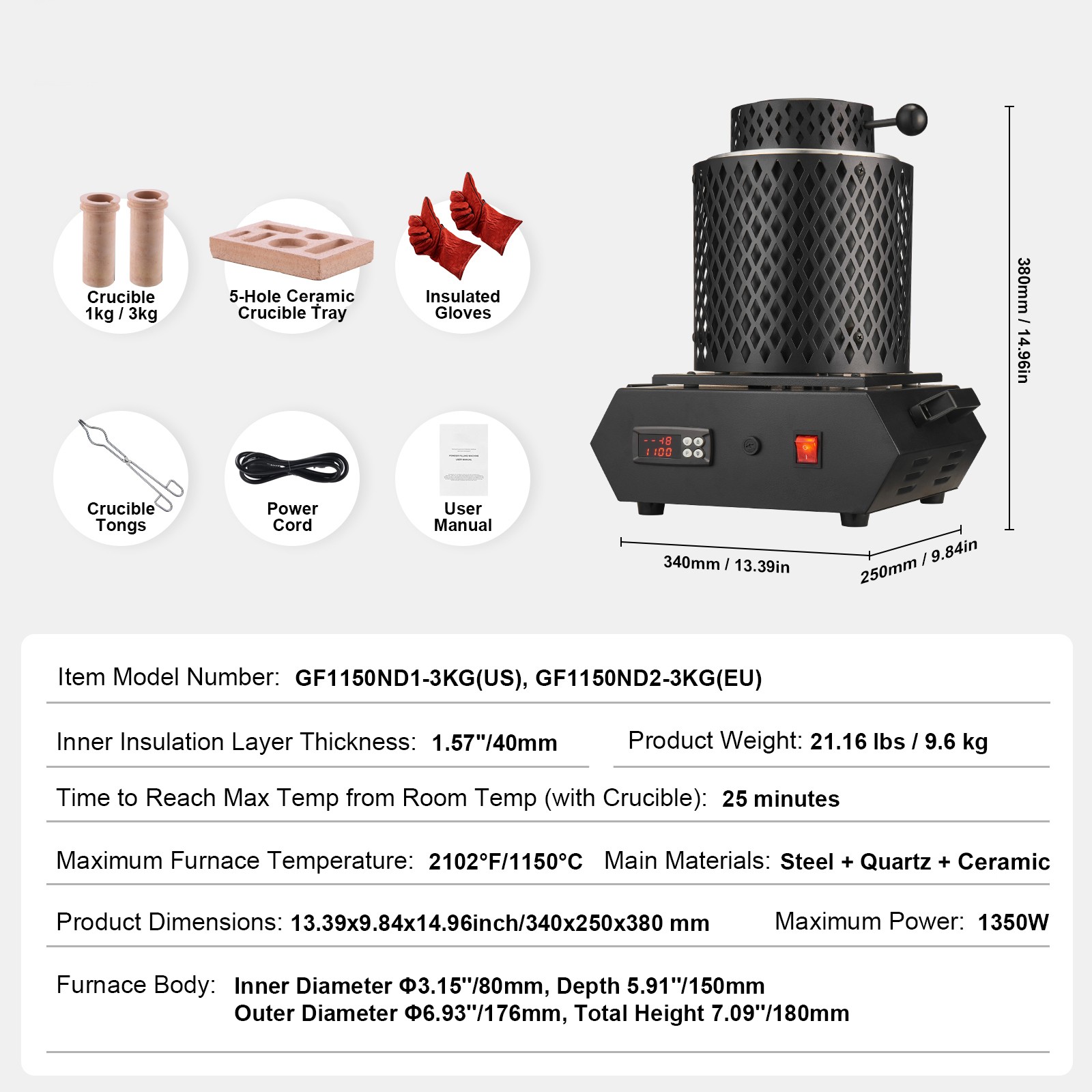 Uimoso Electric Gold Melting Furnace 1350W with Digital Control and 2 Crucibles