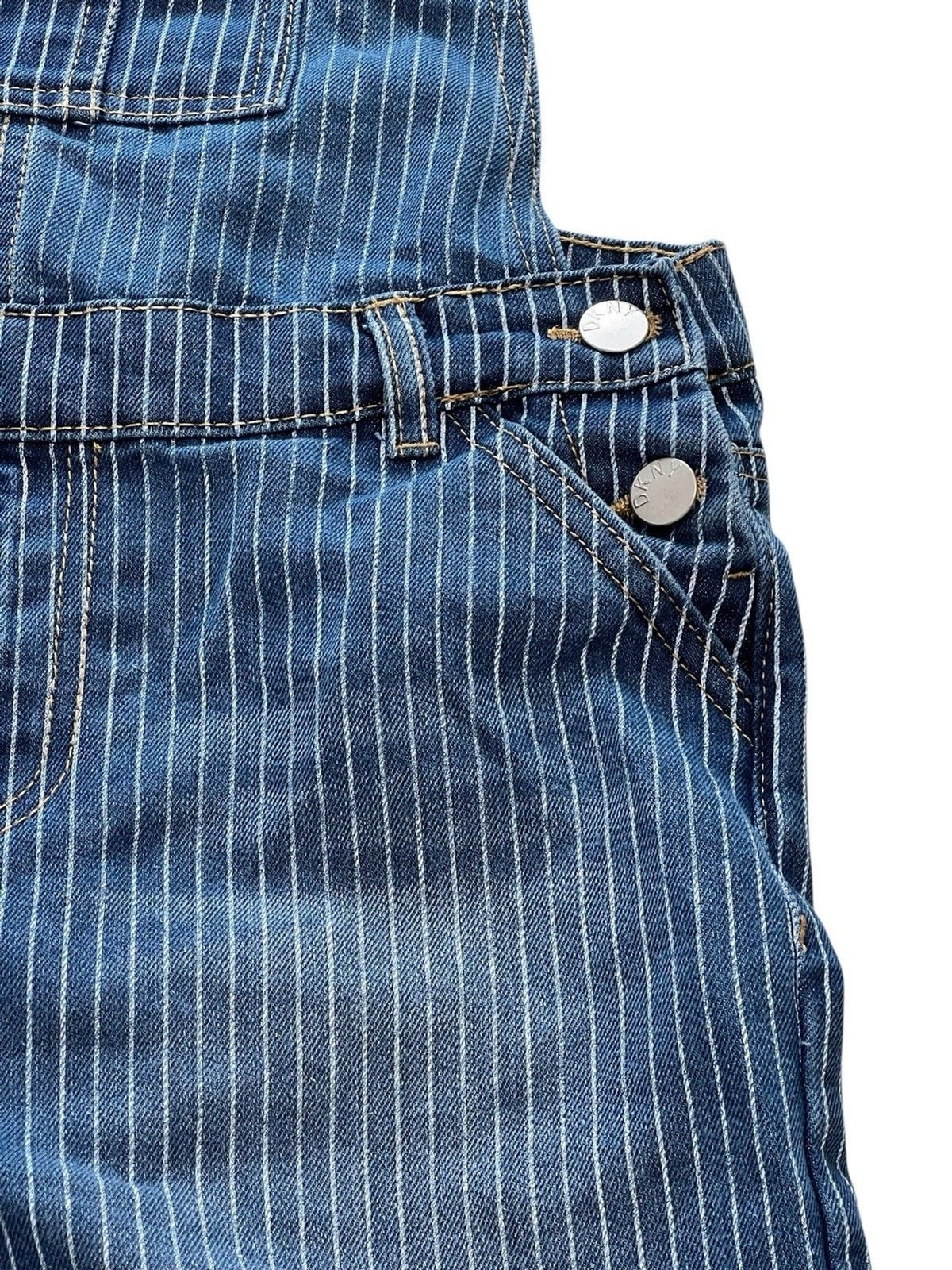 DKNY Girls Overall Shorts Blue White Stripe Adjustable Straps Size 14 Logo