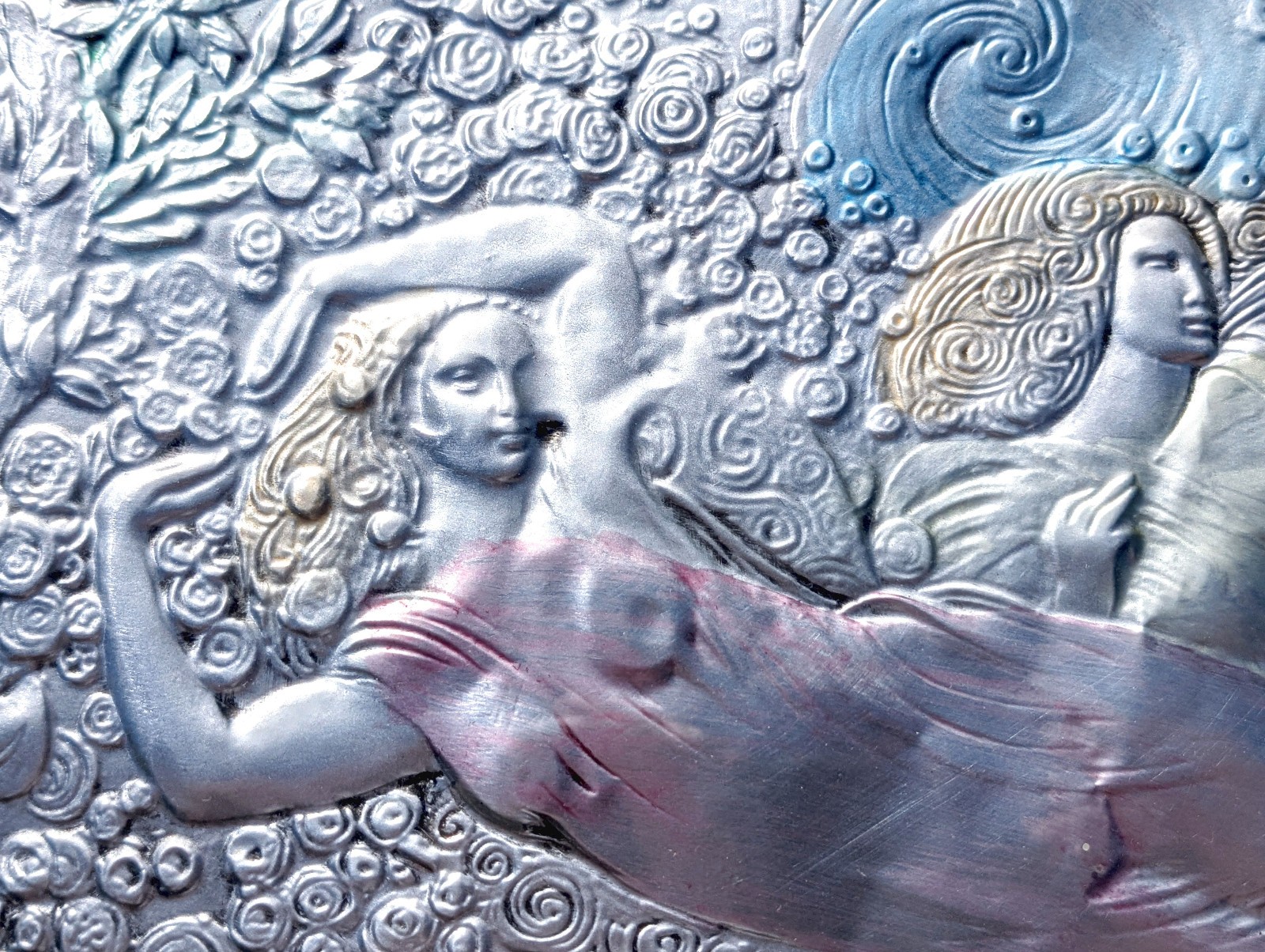 Large Vtg Art Nouveau Sterling Silver Argento Italy Colored Framed Art Plaque