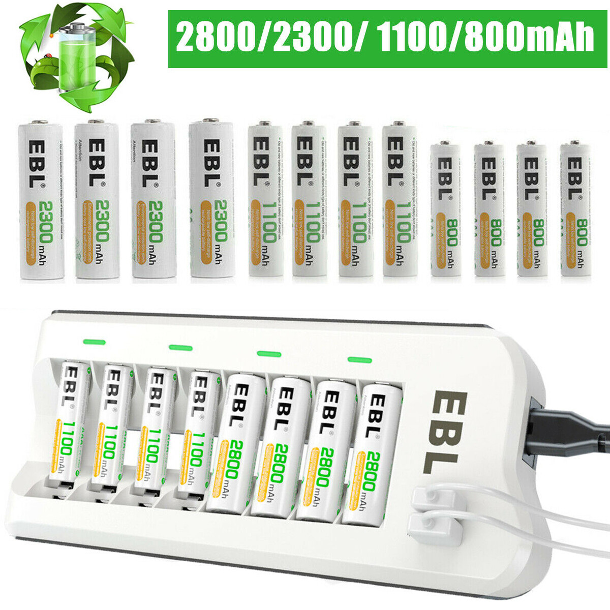 Lot EBL Rechargeable AA AAA Ni-MH Batteries 2300 2800mAh / Charger with Dual USB