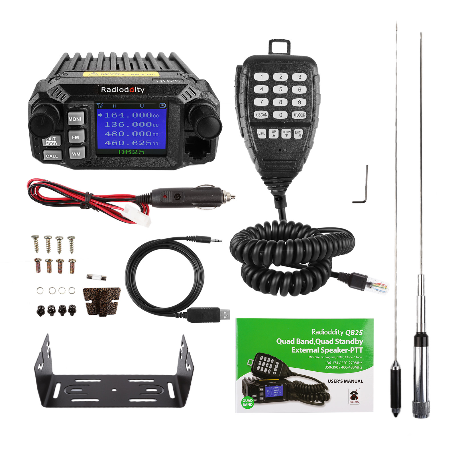 Radioddity QB25 Pro Quad Band 25W Car Mobile Radio Transceiver + Long Antenna