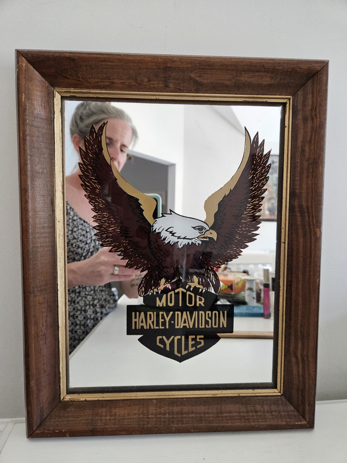 Vintage Harley-Davidson Eagle Mirror Framed Bar Decor
