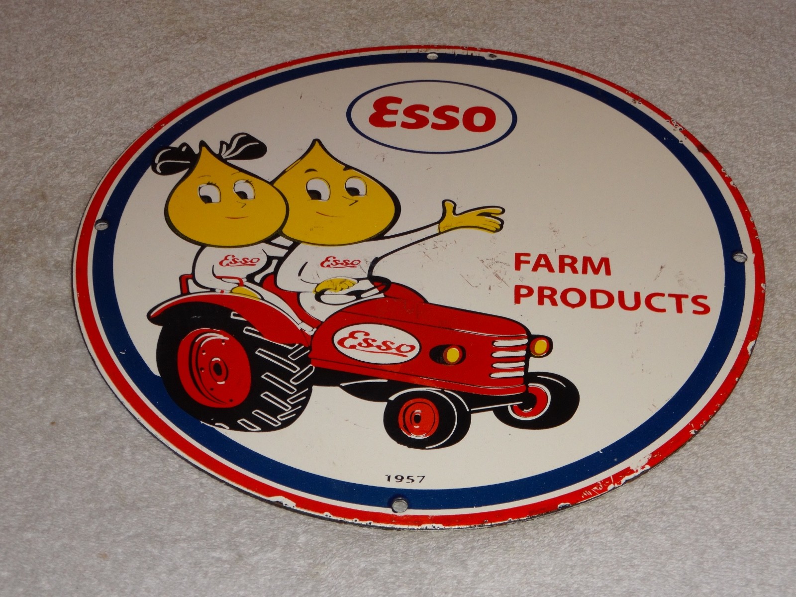 VINTAGE 1957 ESSO FARM OIL DROP BOY GIRL 11 3/4" PORCELAIN TRACTOR GASOLINE SIGN