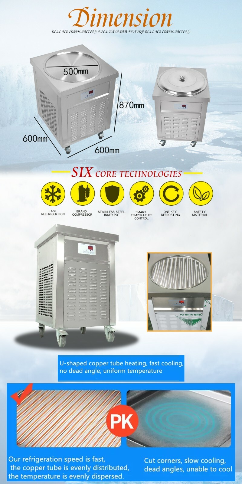 Kolice 55cm (22") round pan fried ice ceram machine, rolled ice cream machine