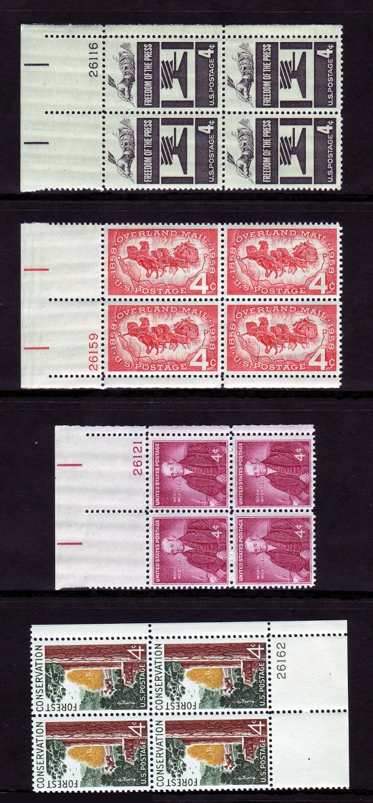 1958 COMMEMORATIVE PLATE BLOCK YEAR SET. (21) DIFFERENT. SCV $21.25