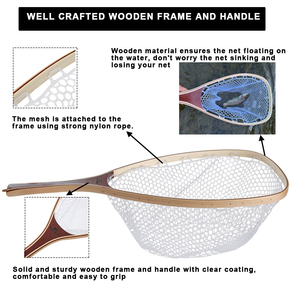 Fly Fishing Net Rubber Mesh Trout Landing Net Catch & Release Handmade Wood
