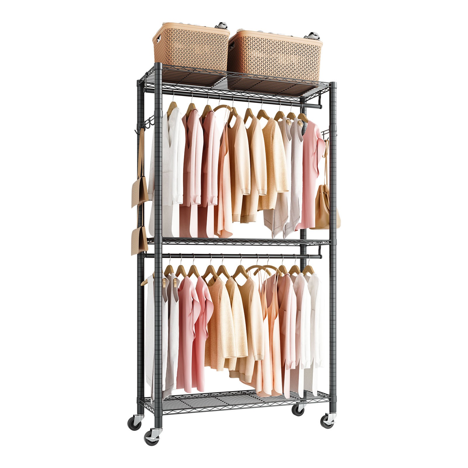 VEVOR Rolling Clothes Rack 3 Tiers Adjustable Height Clothing Garment Rack Black