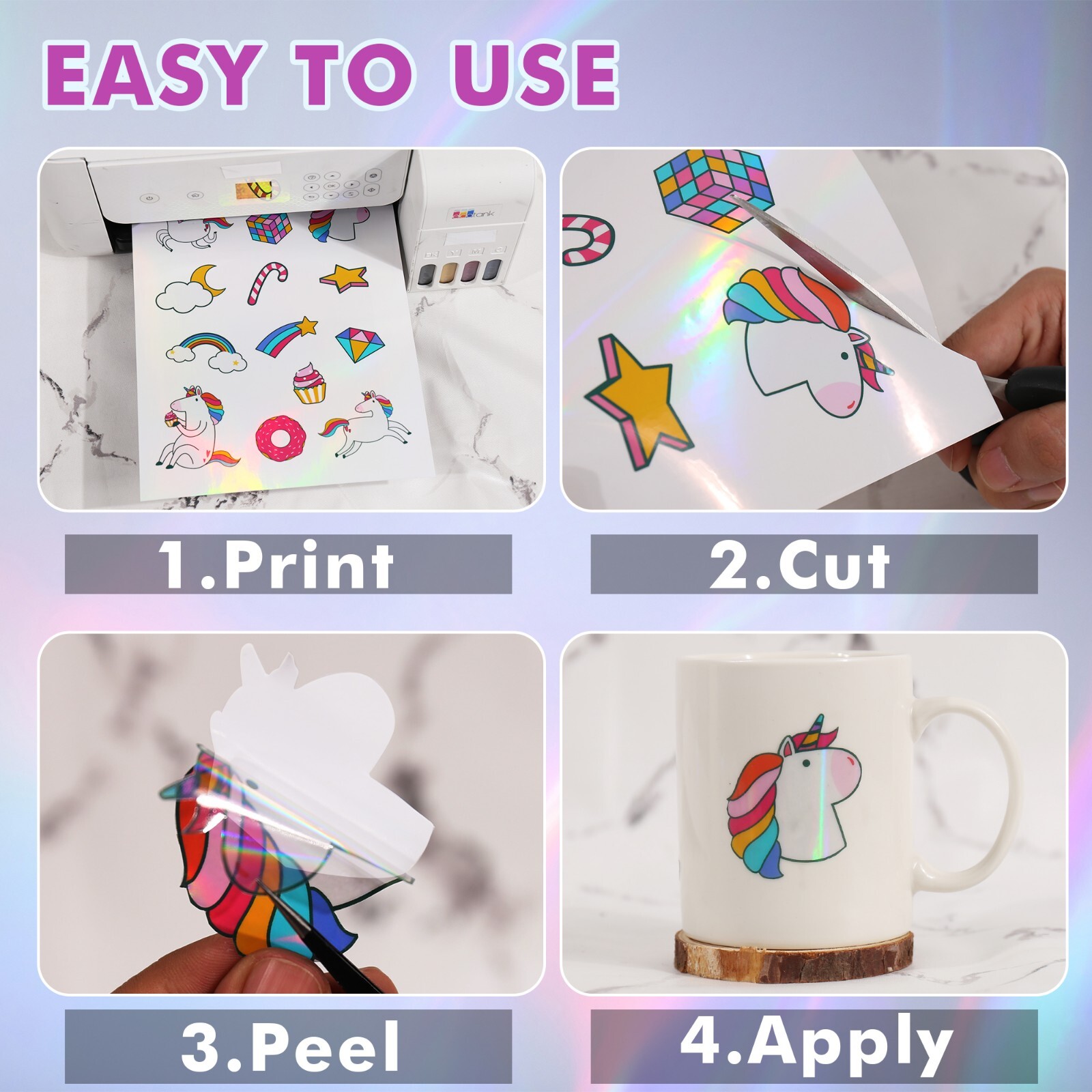 Koala Clear Rainbow Holographic Sticker Paper for Inkjet +Laser Printers 8.5x11