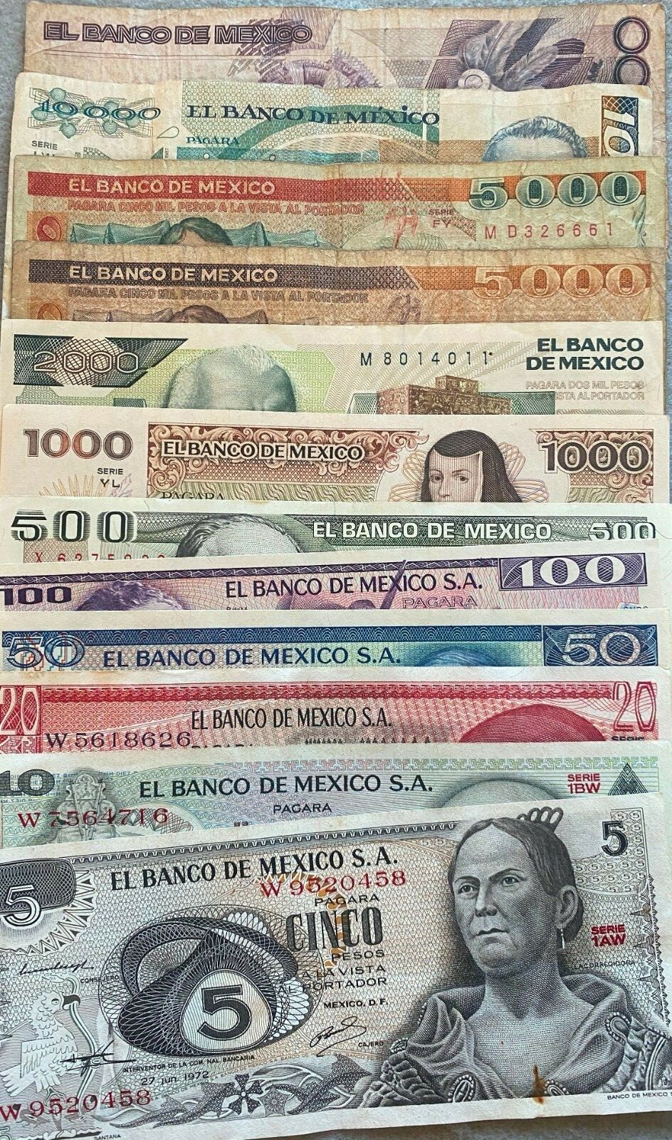 MEXICO SET 21 BANKNOTES LOT 70'S 1914 1 5 10 20 50 100 500 1000 pesos Collection