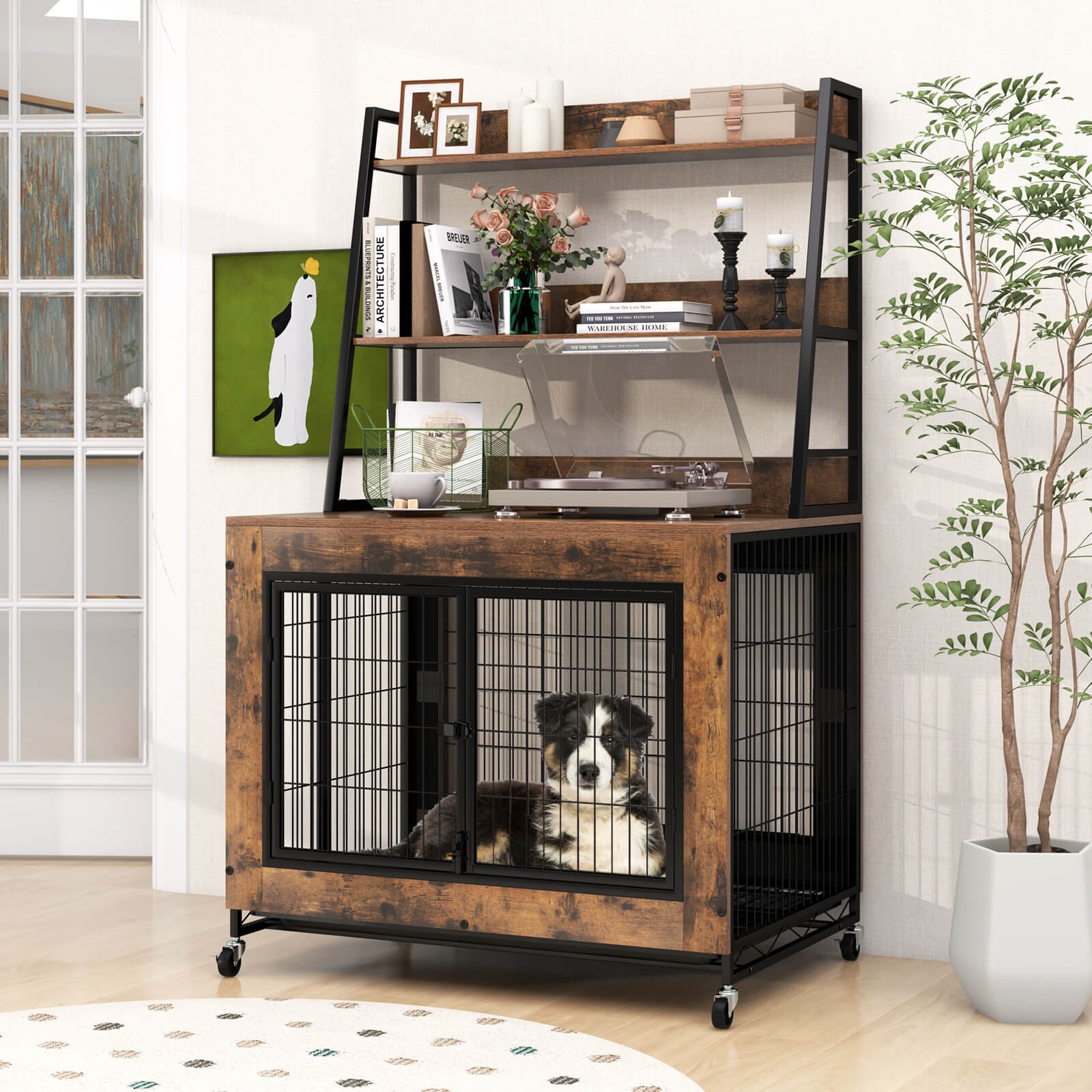 Dog Crate Furniture with Storage Shelves Industrial Dog Kennel w/ Flip-up Top