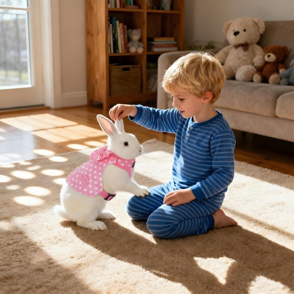 Pink Polka Dot Rabbit Harness and Leash Set Cute Easter Bunny Suit with Bow for