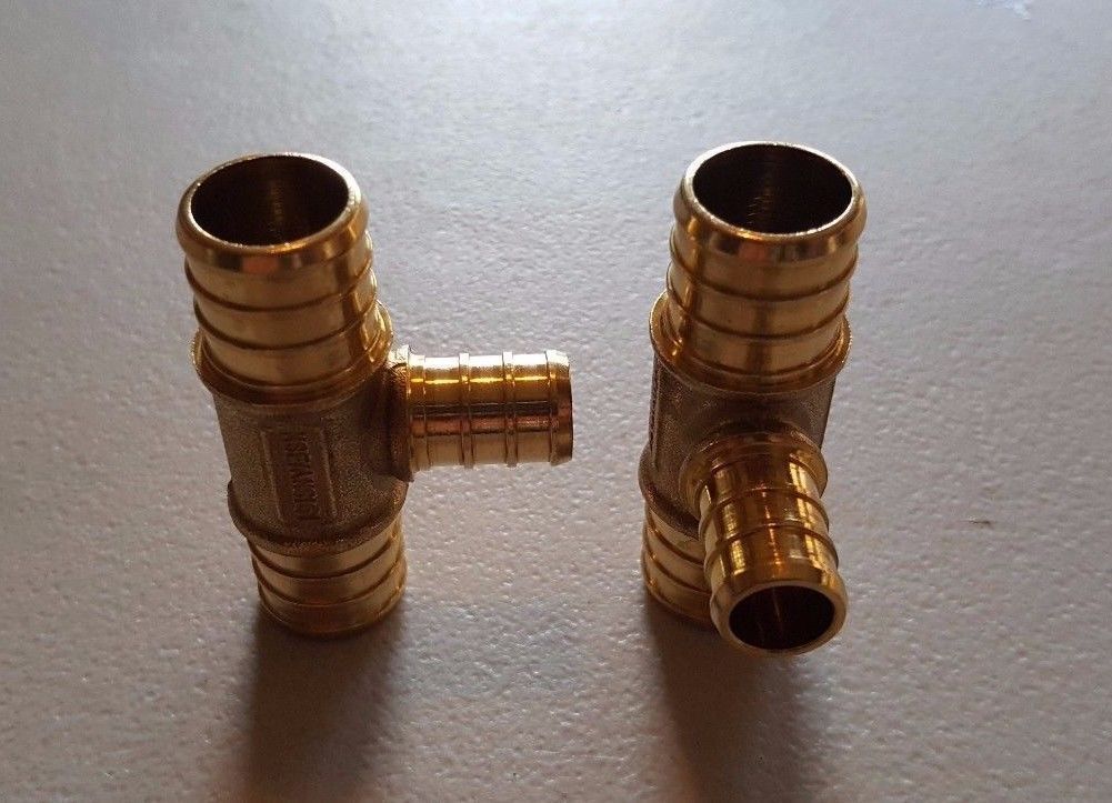 5 PCS. 3/4" X 3/4" X 1/2" PEX TEE BRASS CRIMP FITTING, LEAD FREE, FOR PEX B PIPE
