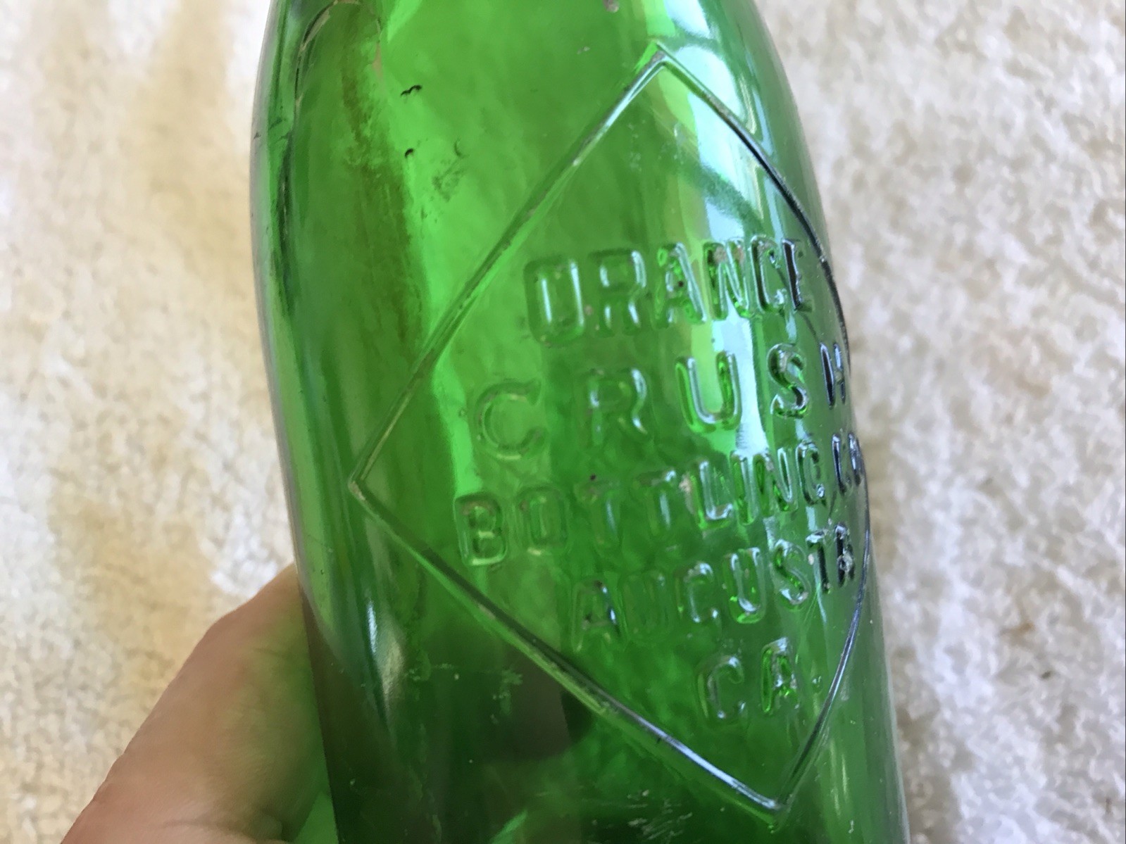 ORANGE CRUSH VINTAGE GREEN GLASS EMBOSSED BOTTLE, AUGUSTA, GEORGIA..RARE