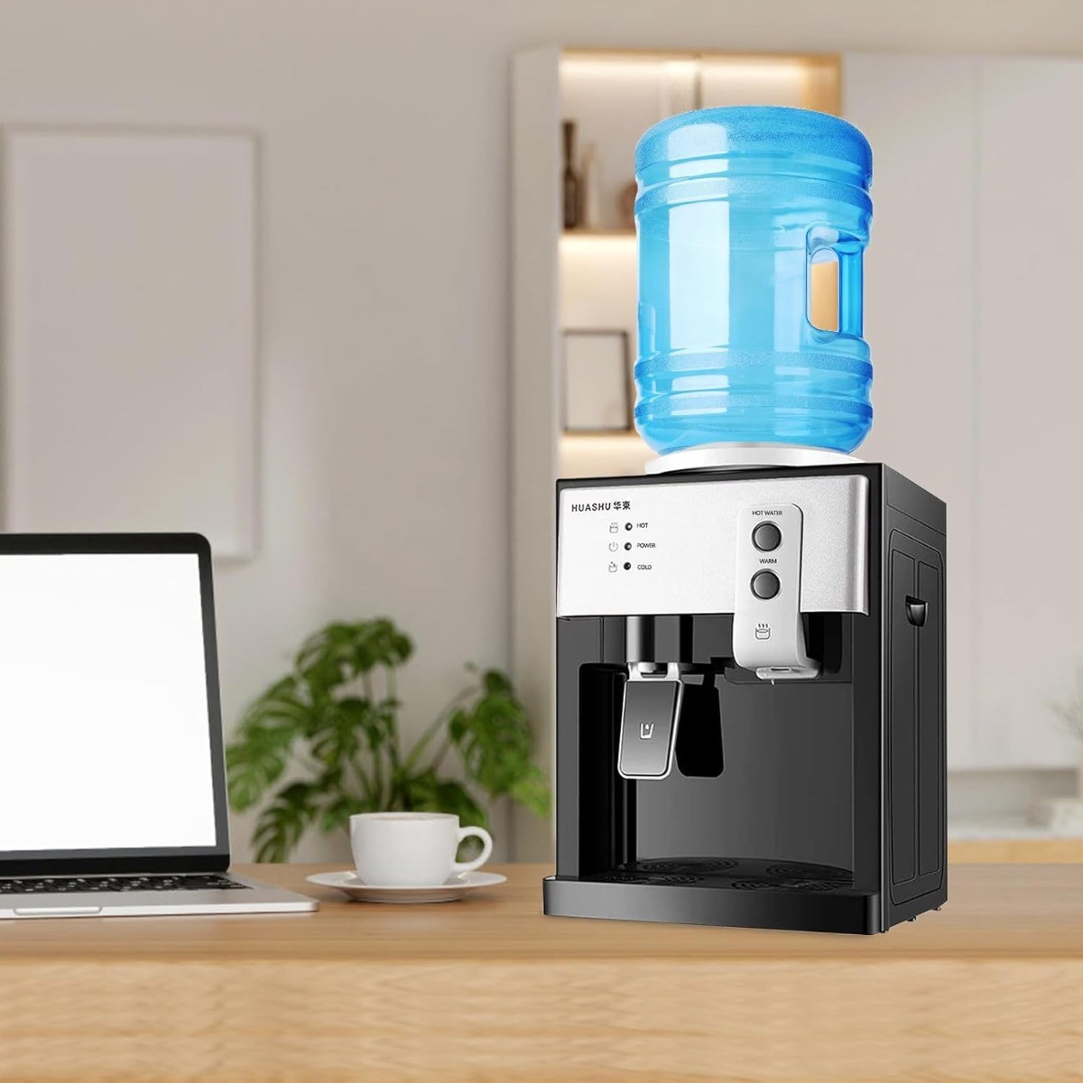 Top-loading water dispenser, 5-gallon capacity, hot and cold water available.