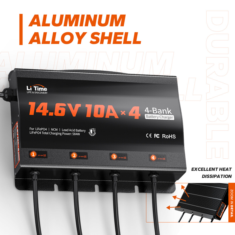 LiTime 14.6V 10A* 4 Bank Smart Battery Charger for Lithium LiFePO4 Lead Acid NCM