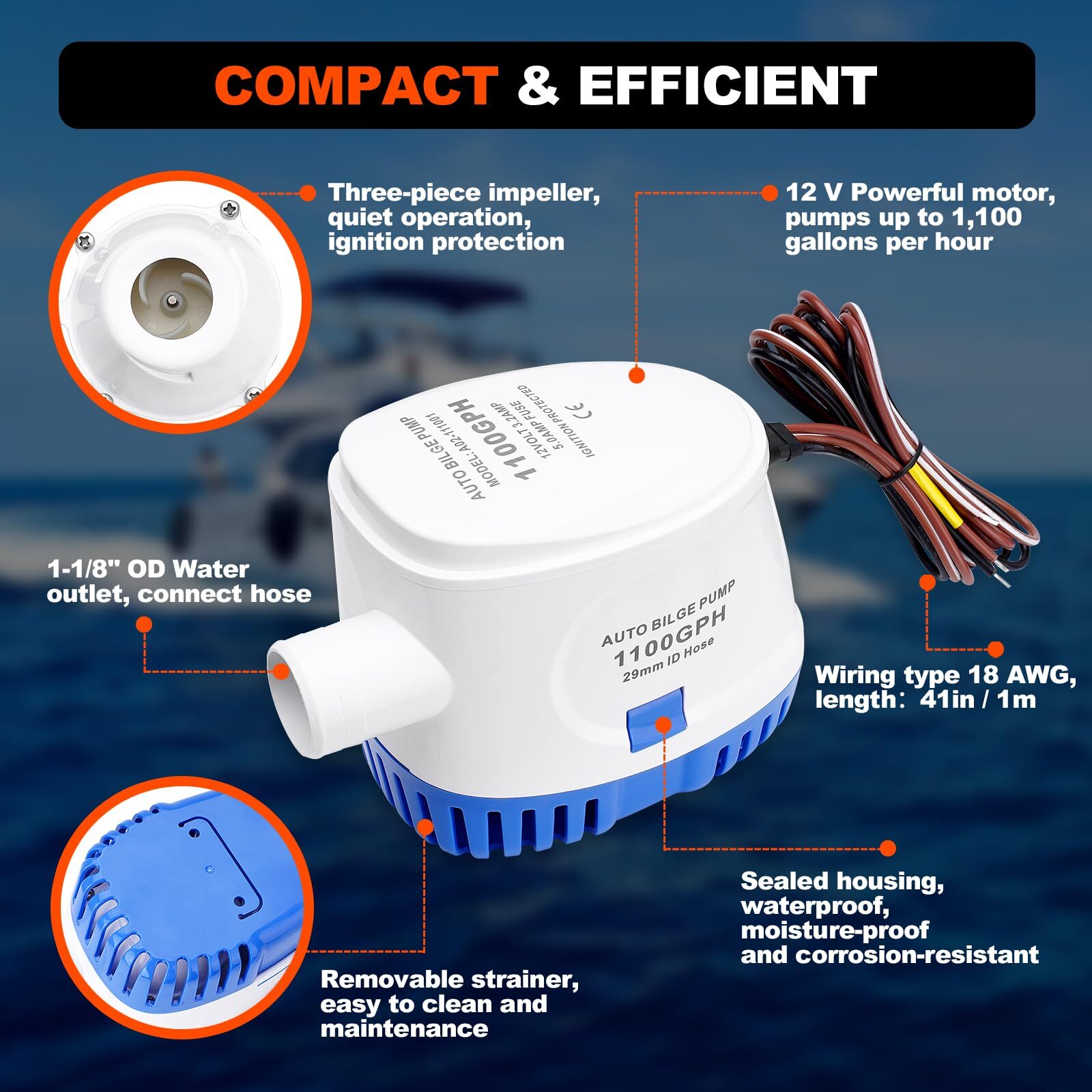 1100GPH 12V Automatic Submersible Boat Bilge Water Pump With Auto Float Switch