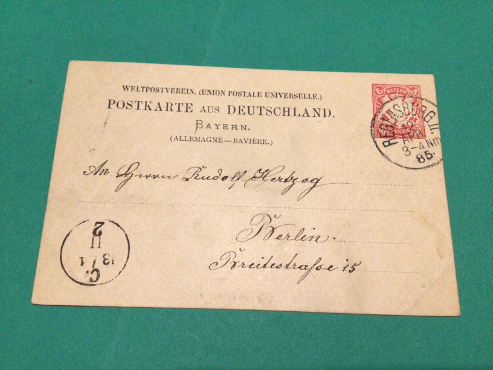 Germany Bavaria 1885 Regensburg  to Berlin used postcard A18047