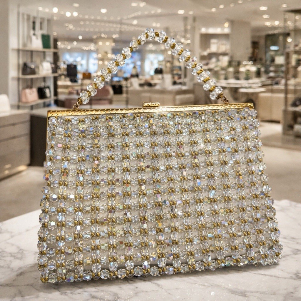 Vintage Iridescent and Gold Heavily Beaded Handbag Evening Special Occasion