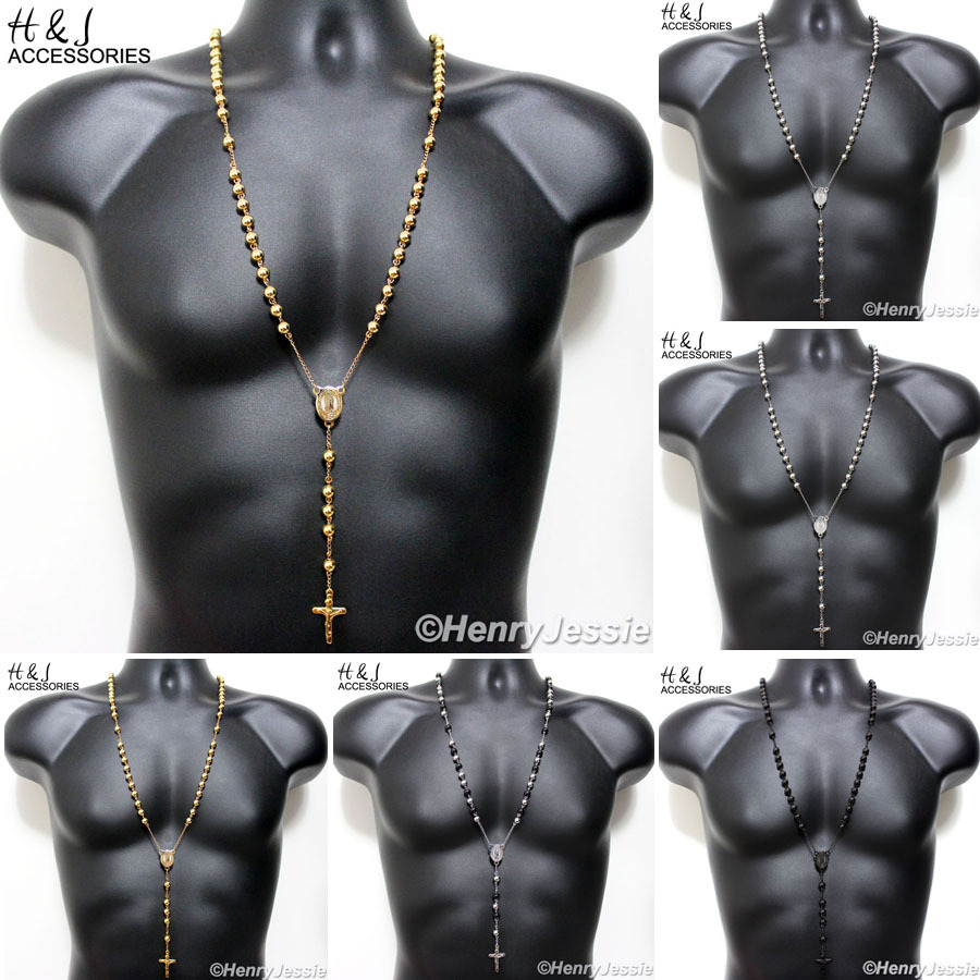 30"+5"MEN Stainless Steel 8mm Black/Silver/Gold Plated Beads Rosary Necklace