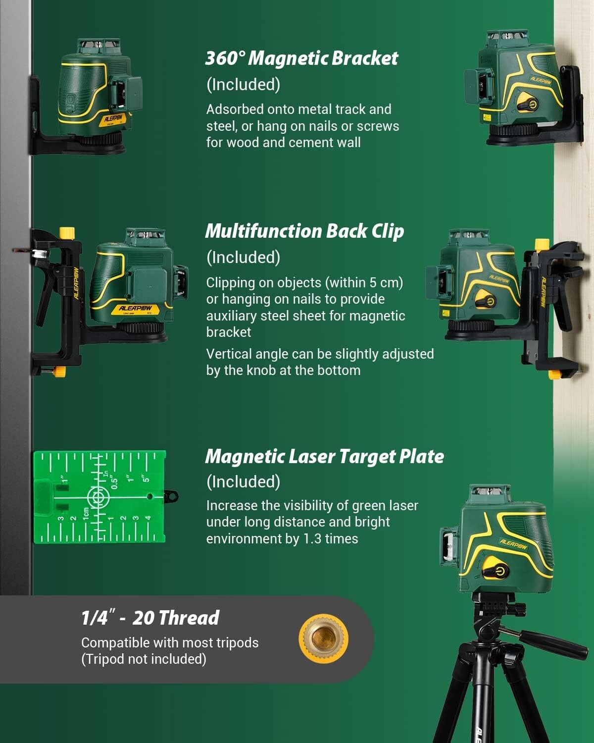 ALEAPOW 3D Laser Level, 147ft 3x360° Green Laser Level, 5.2Ah Battery, SelfLevel