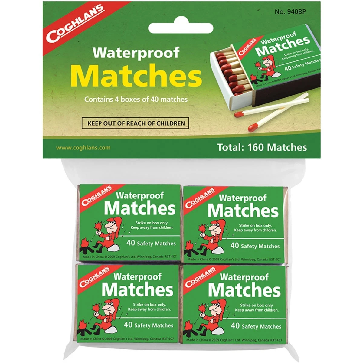 Coghlan's Waterproof Matches, 4 Boxes (160 pcs), Emergency Safety Fire Starter