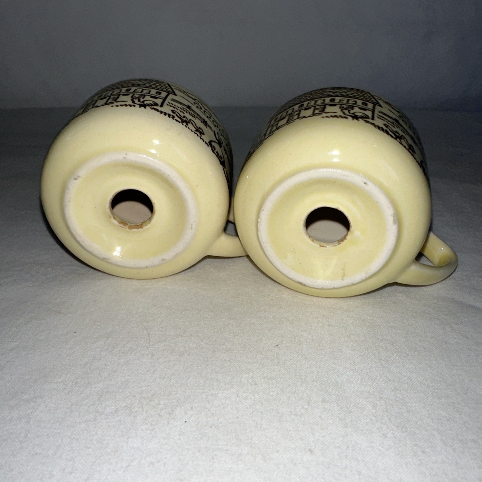 “Bucks County” Salt Pepper Shakers Royal China Sebring, Ohio Yellow NO STOPPERS