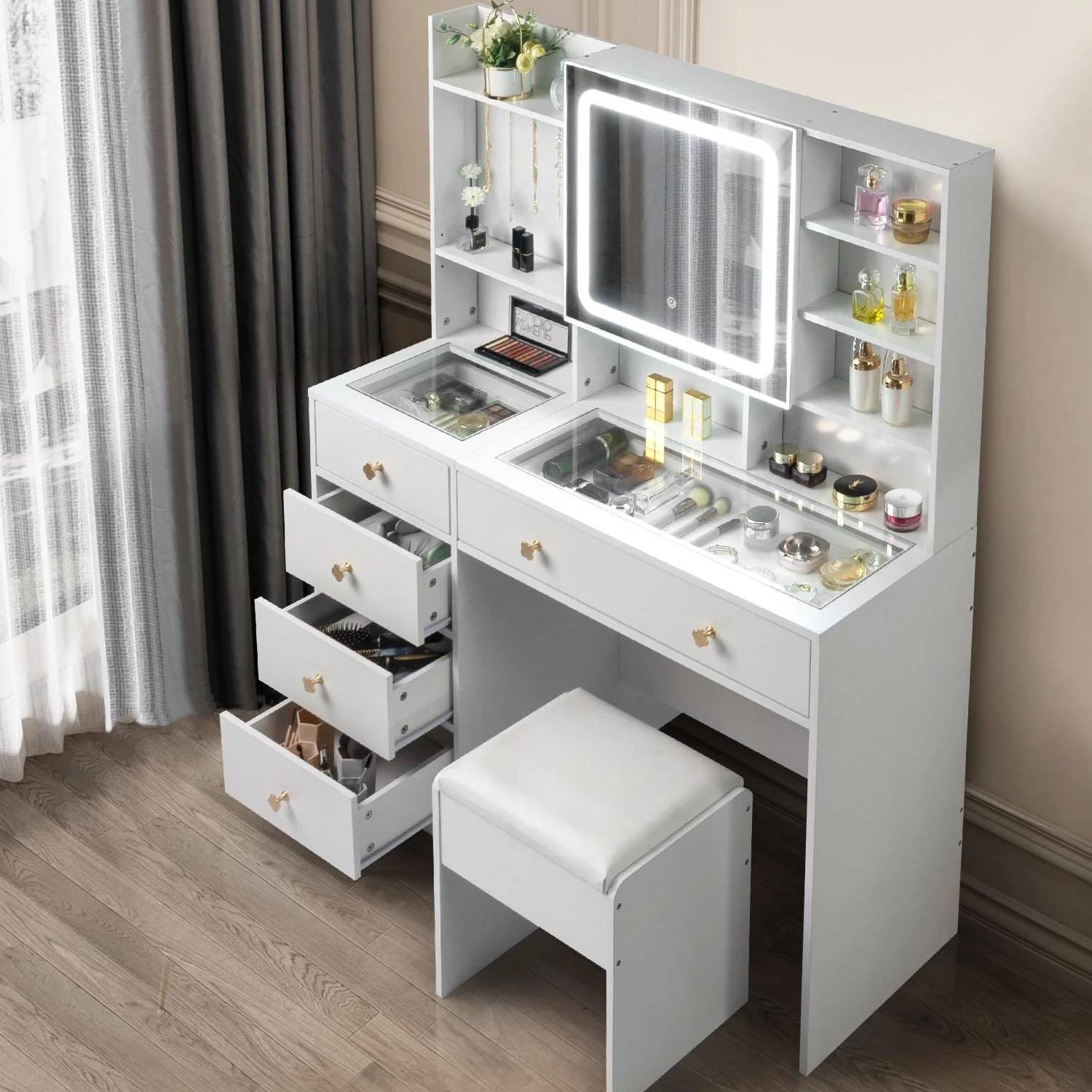 Vanity Makeup Table Set LED Lighted Mirror Dressing w/ Glass Visualized Table