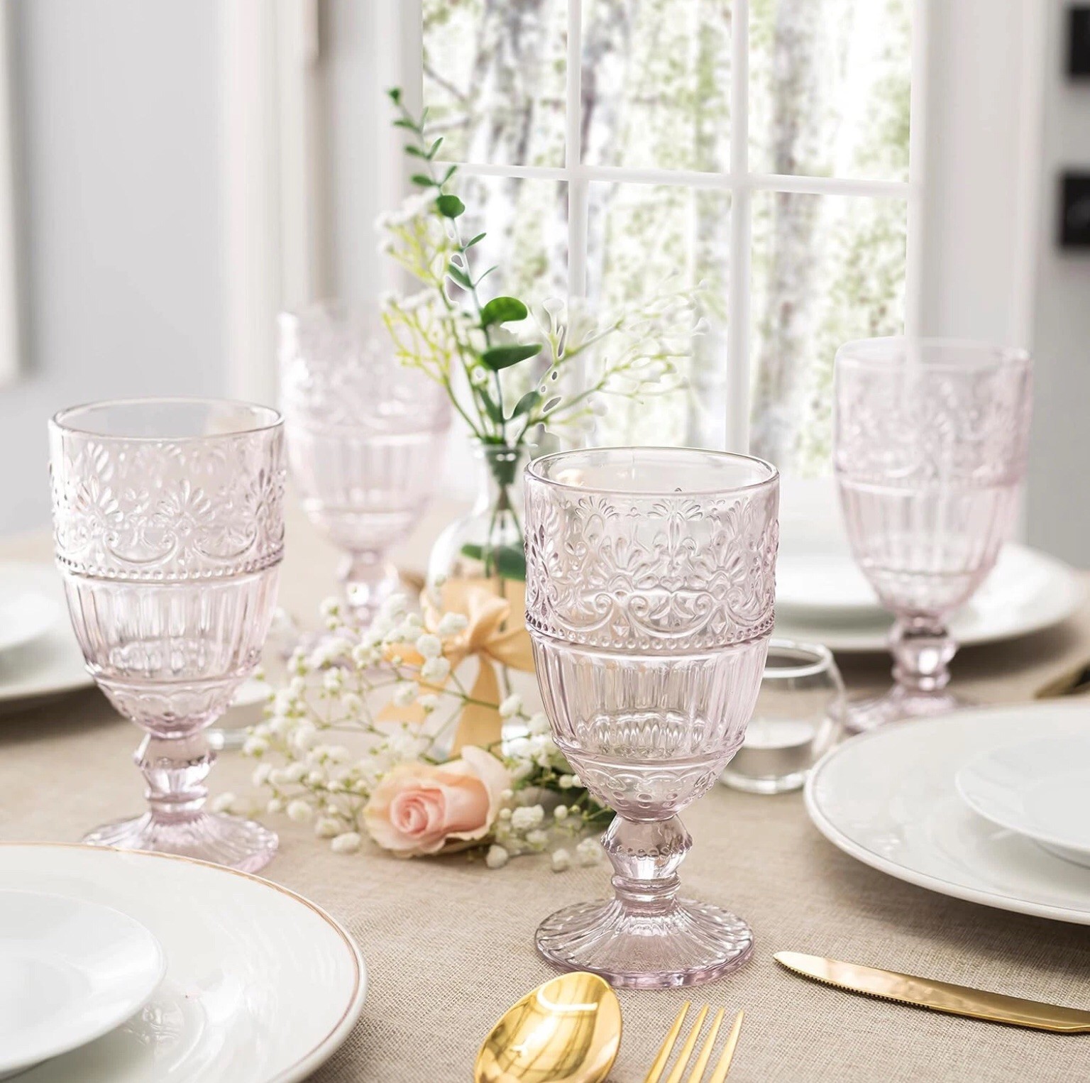 Whole Housewares Pink Coloured Glass Goblets Set of 6 Vintage 11.5 oz New!