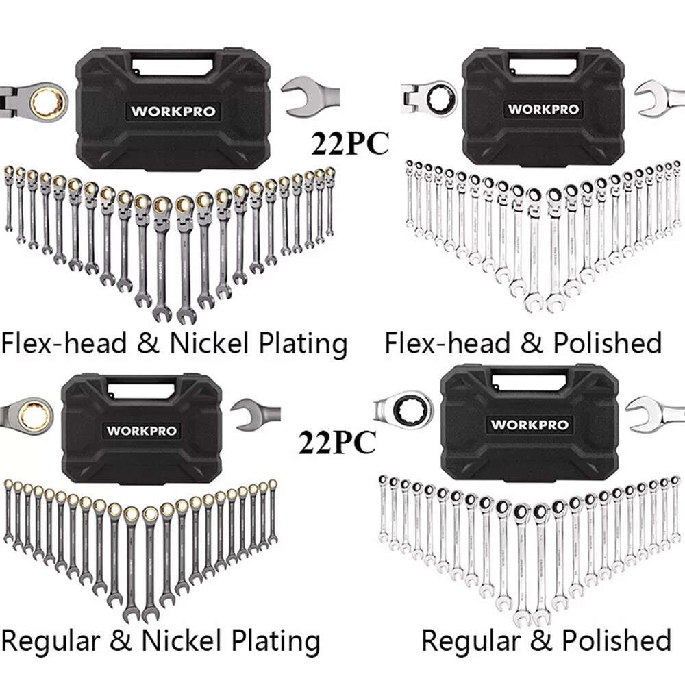 WORKPRO 22PC Flex-Head Ratcheting/Regular Combination Wrench Set w/Organizer Box