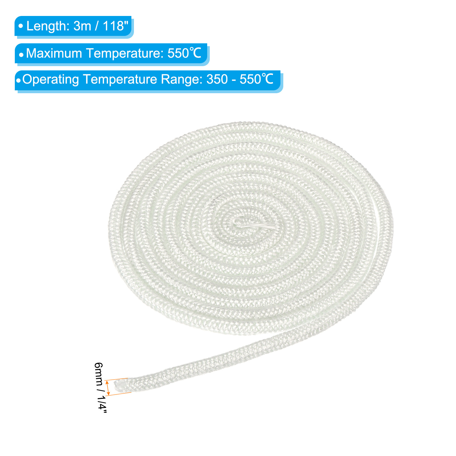 1/4"x 118" Wood Stove Gasket Fiberglass Round Seal Rope Replacement White
