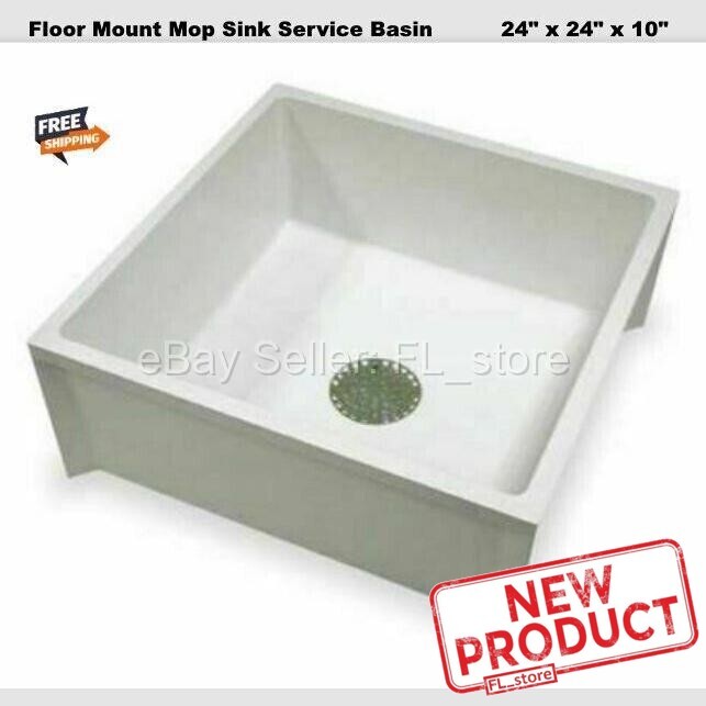 Floor Mount Mop Sink Service Basin 24 x 24 x 10" Single Bowl Center Drain White