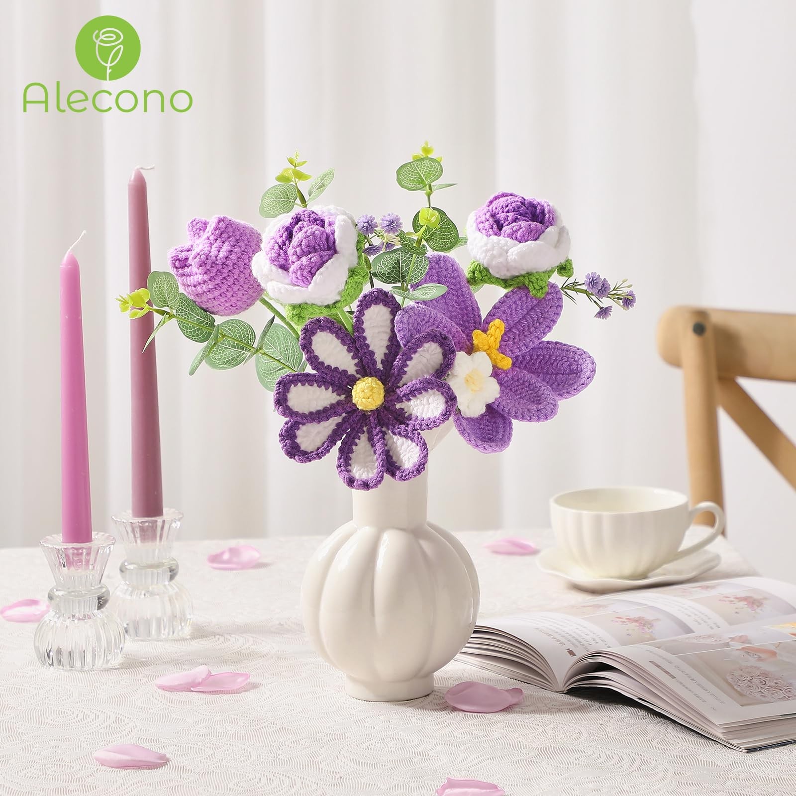 Alecono Crochet Flower Bouquet, Purple Knitted Flowers, Large,