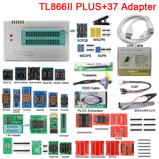 T48 TL866II Plus High speed Universal Programmer+Adapters+Test Clip PIC Bios