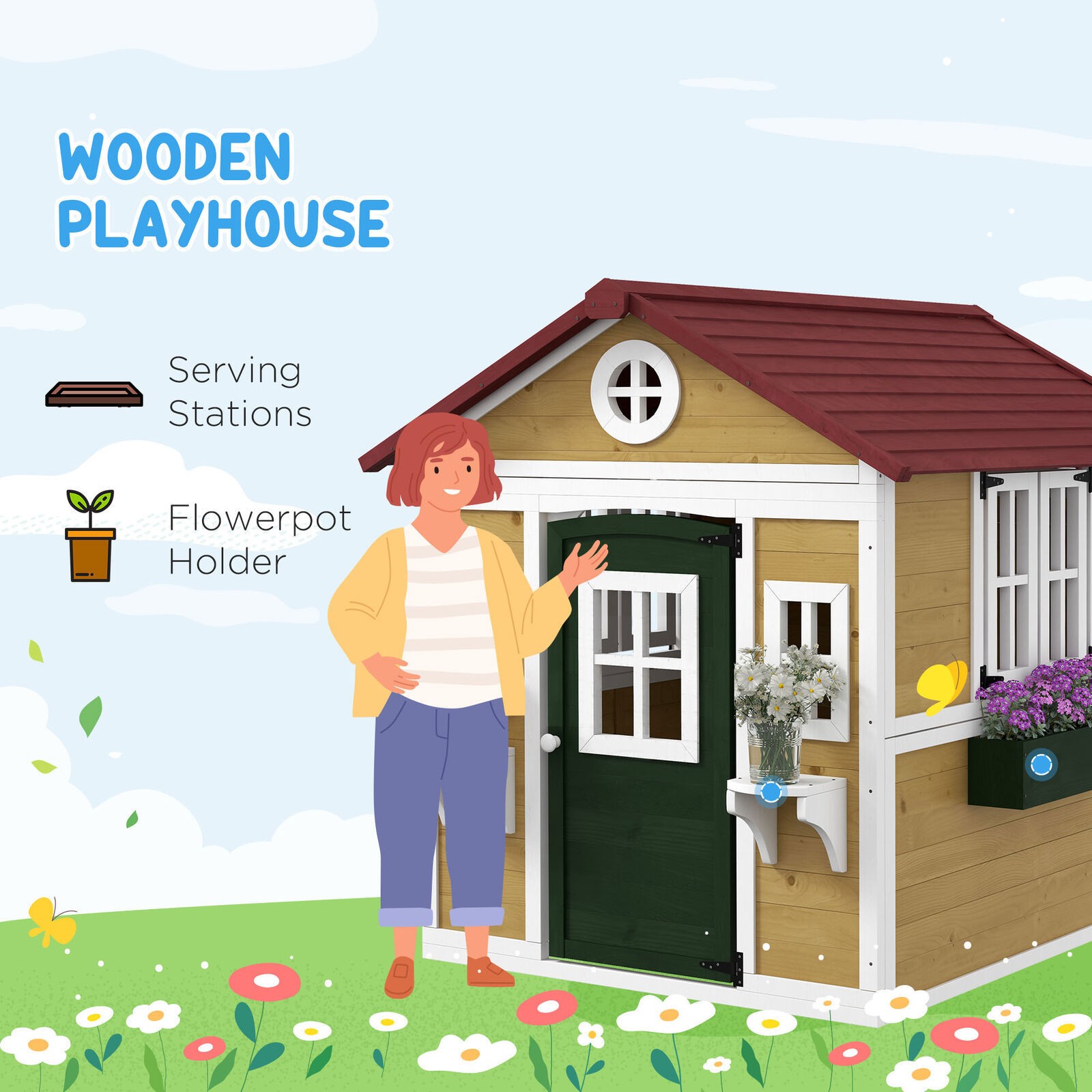 Playhouse for Kids with Doors Windows Planter Pots and Boxes