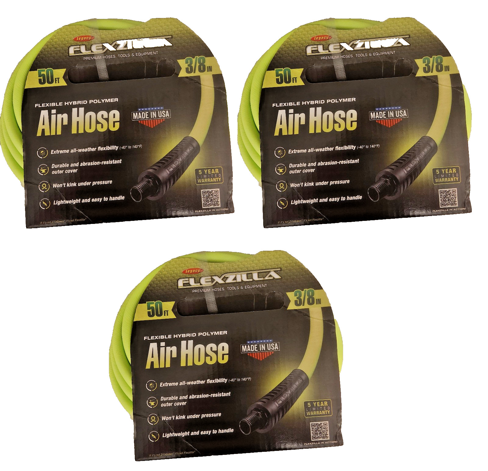 3x Flexzilla HFZ3850YW2 Air Hose 3/8In X 50Ft 1/4In MNPT Fittings