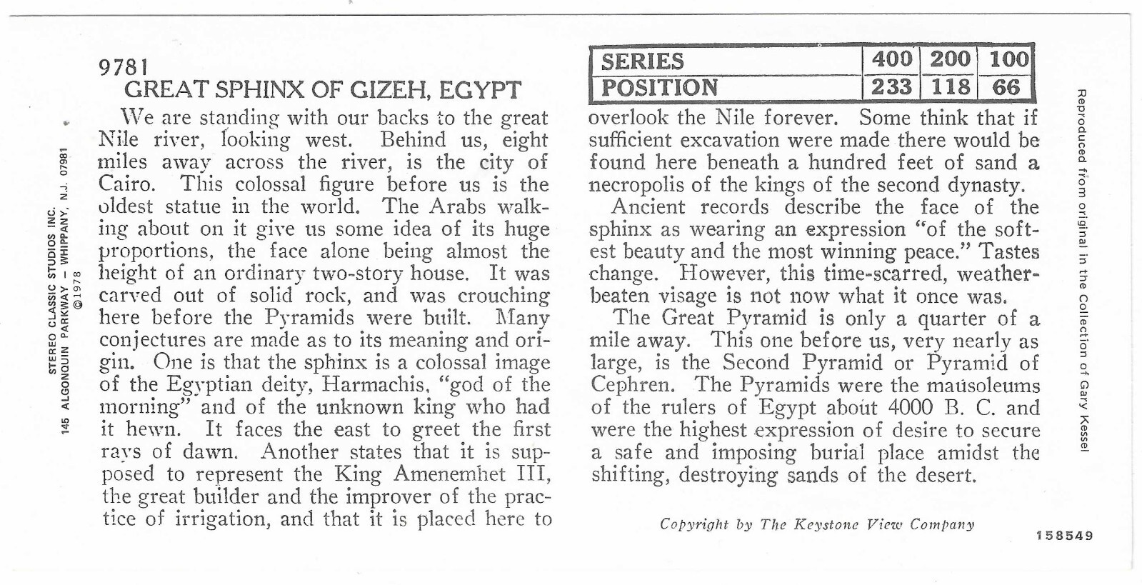 Great Sphinx of Gizeh, Hewn, Egypt, 1978 Reproduction Stereoview