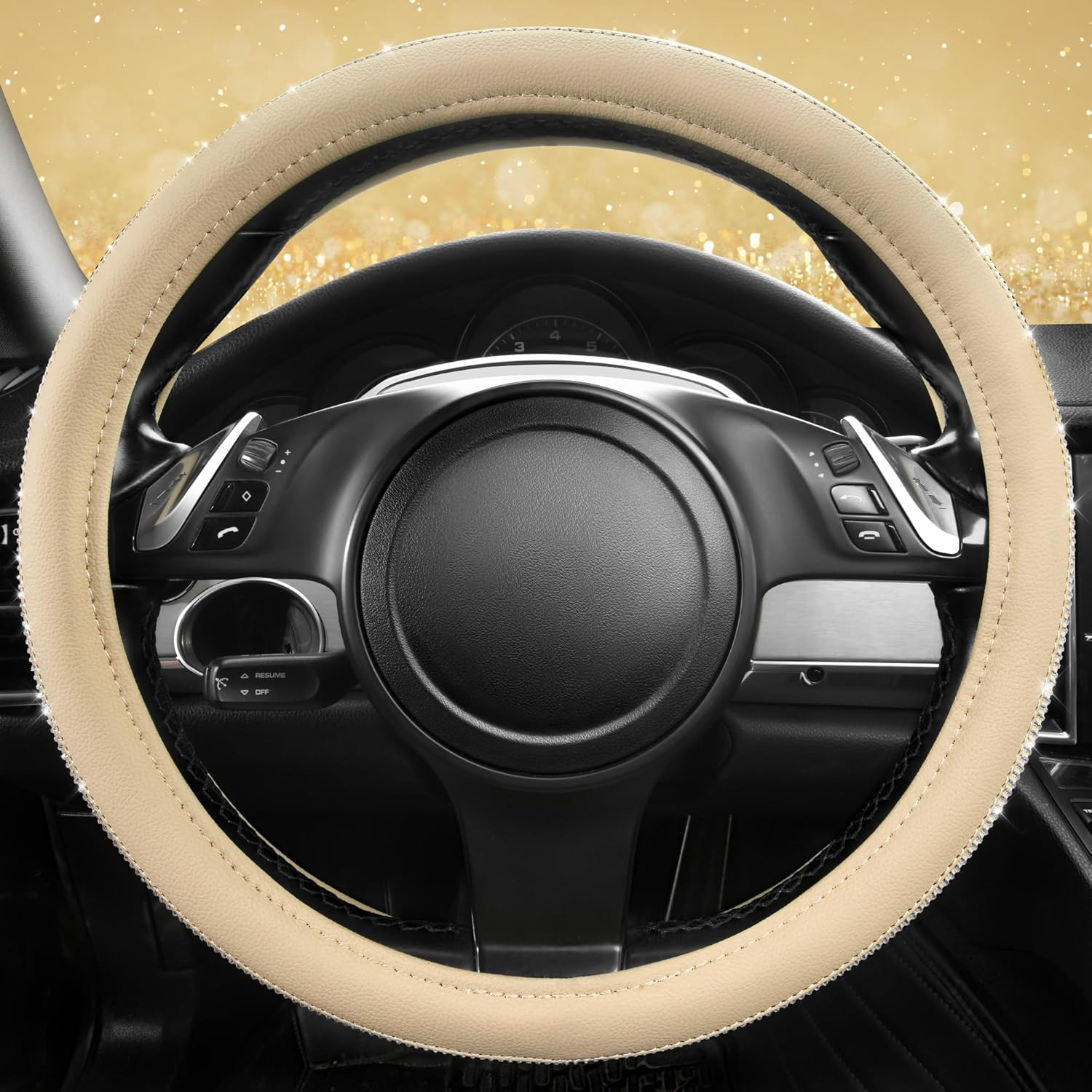Bling Diamond Beige Leather Steering Wheel Cover, White Sparkly Crystal Glitter