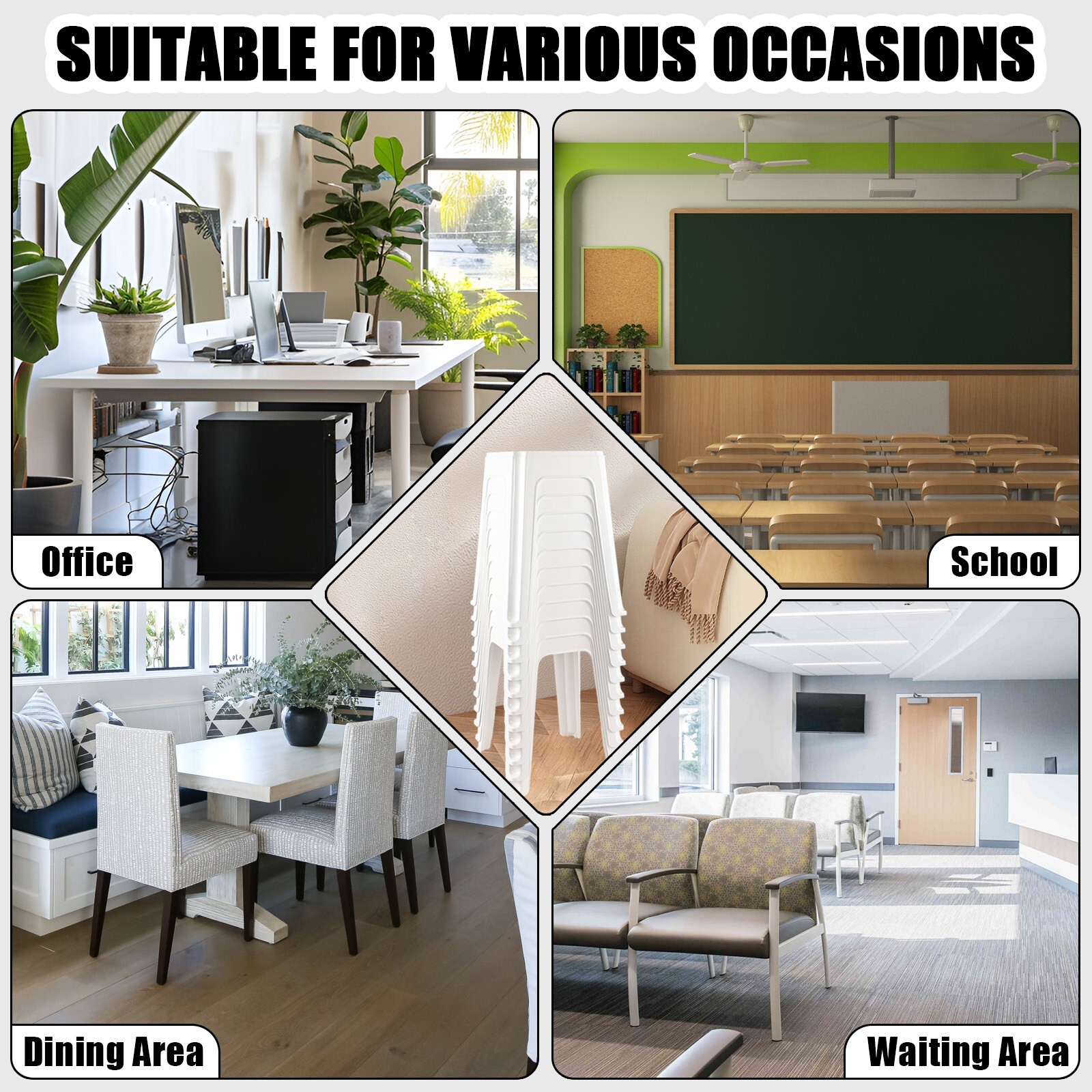 6/12-Pack 18.7 Inch Height Home Plastic Seat Stool Square Stackable Chair, White