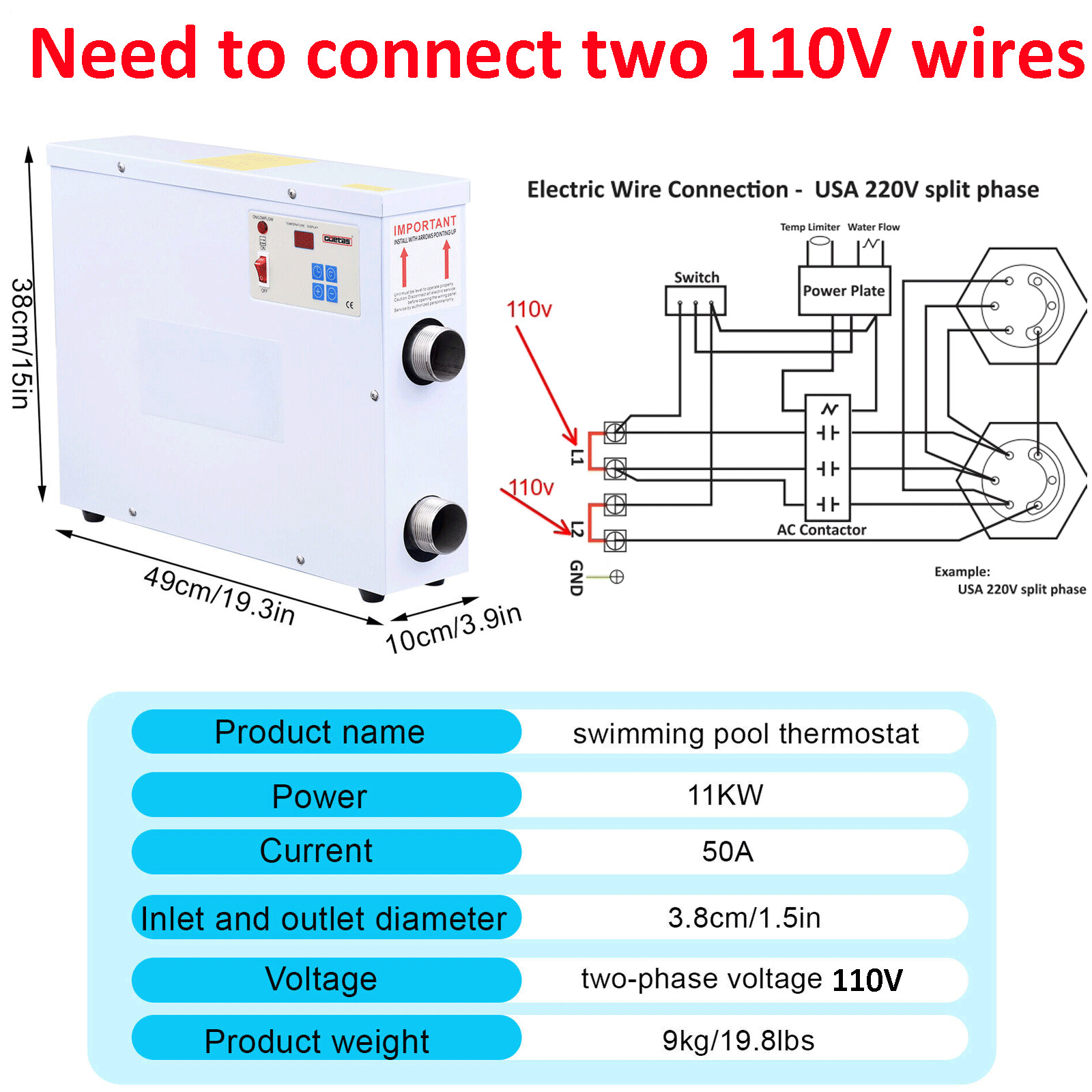 11KW Electric Swimming Pool Water Heater Thermostat Hot Tub 110V US STOCK