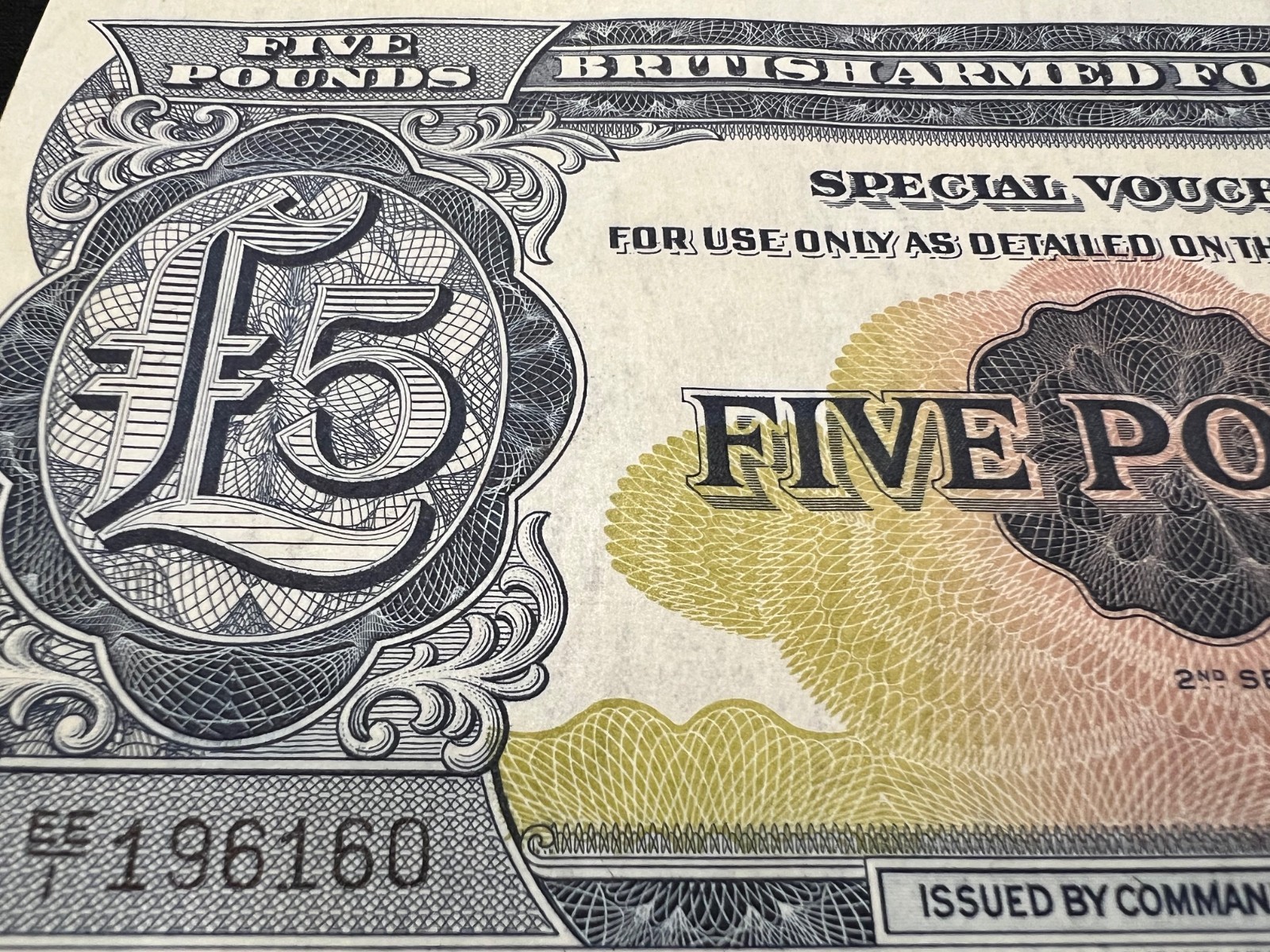 1948 British 5 Pound Armed Forces Banknote Special Voucher WW2 WWII War Money