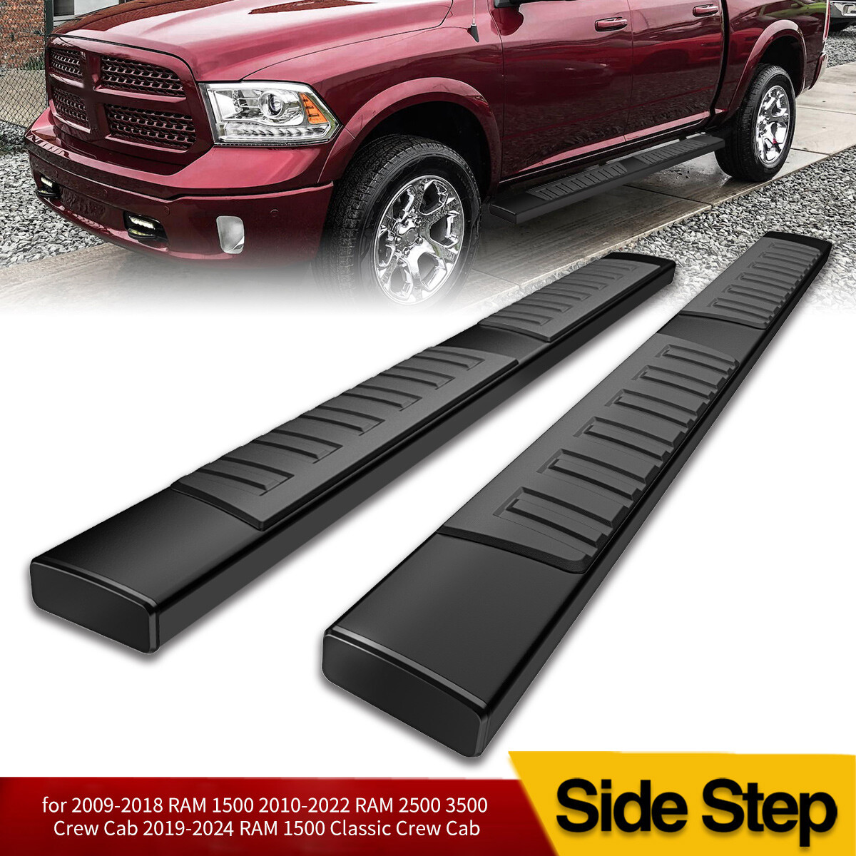Running Boards for 2009-2018 Dodge Ram 1500 Crew Cab 6" Side Step Nerf Bars BLK