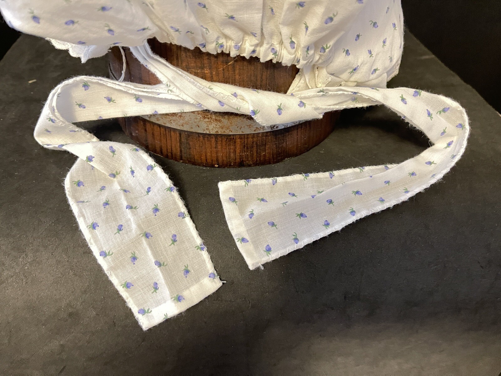 Vintage handmade thin Blue white Floral lace Colonial bonnet cap hat cottagecore