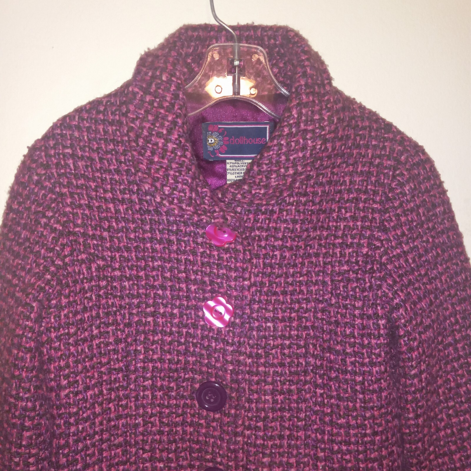 Dollhouse Pink Single Breasted Tweed Peacoat-Size XS-Pockets-Lined-Flower Button