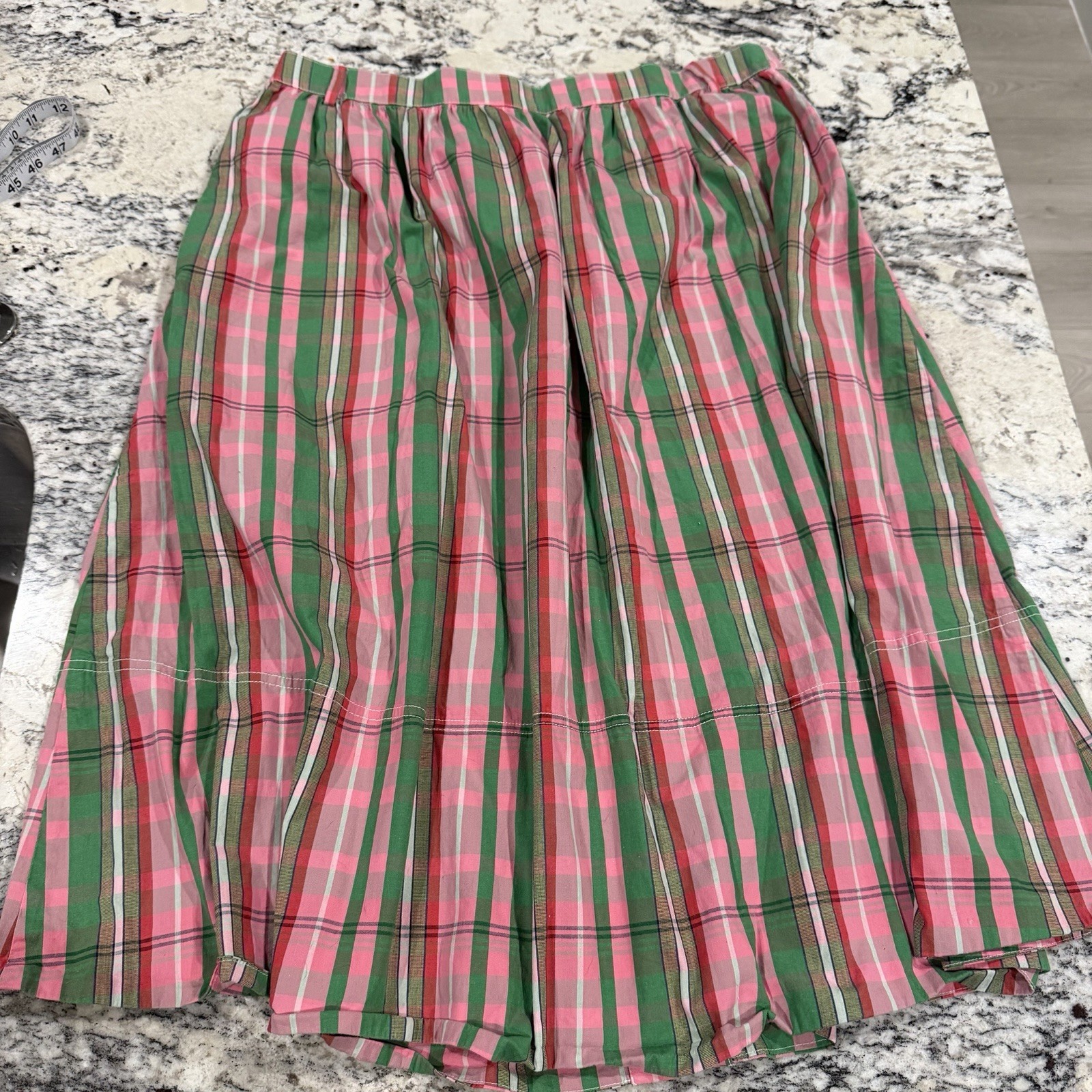 J CREW Midi Skirt 16 Pink Green Plaid Check Organic Cotton Button Front Pocket