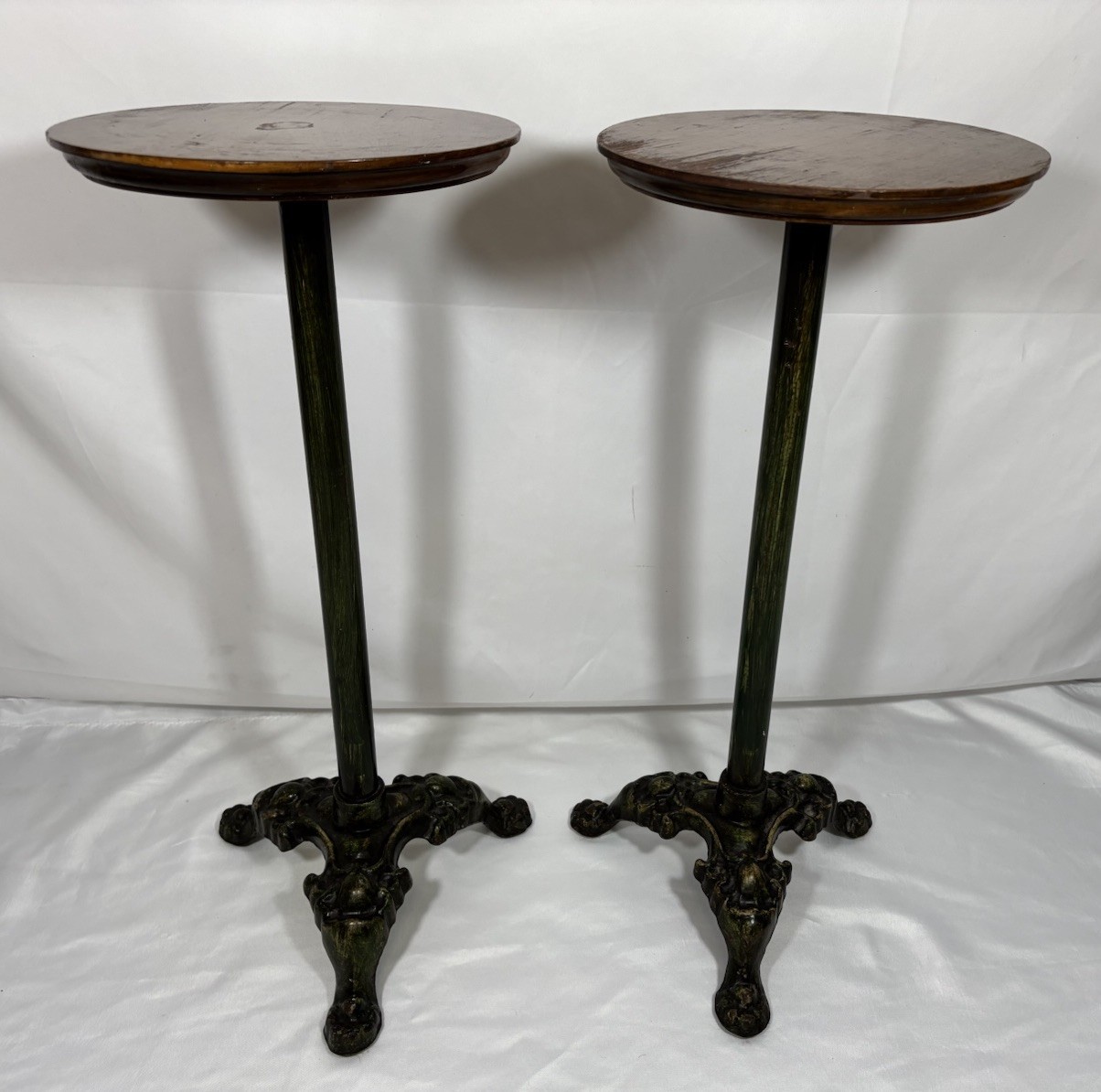 Antique Vintage Painted Green Cast Iron & Walnut? Wood Top Pedestal Plant Stand