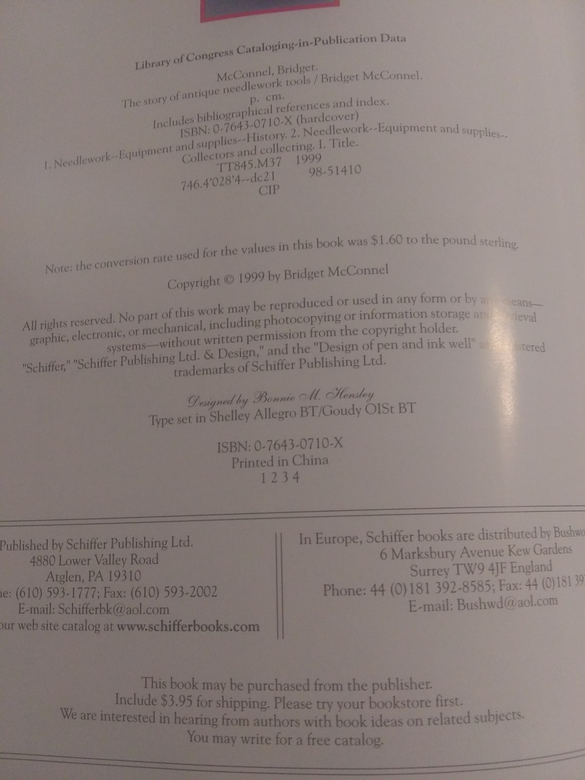 The Story Of Antique Needlework Tools By Bridget McConnell~1999 Hardcover Book