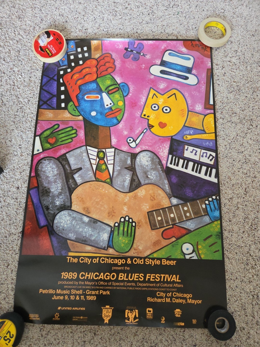 Vtg Original Chicago Blues Festival 1989 Poster 36" x 23 1/2" Old Style Beer 80s
