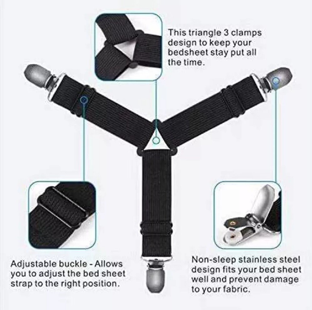 4 Bed Sheet Holder Straps-Adjustable Fitted Sheet Clips, Mattress Corner Gripper