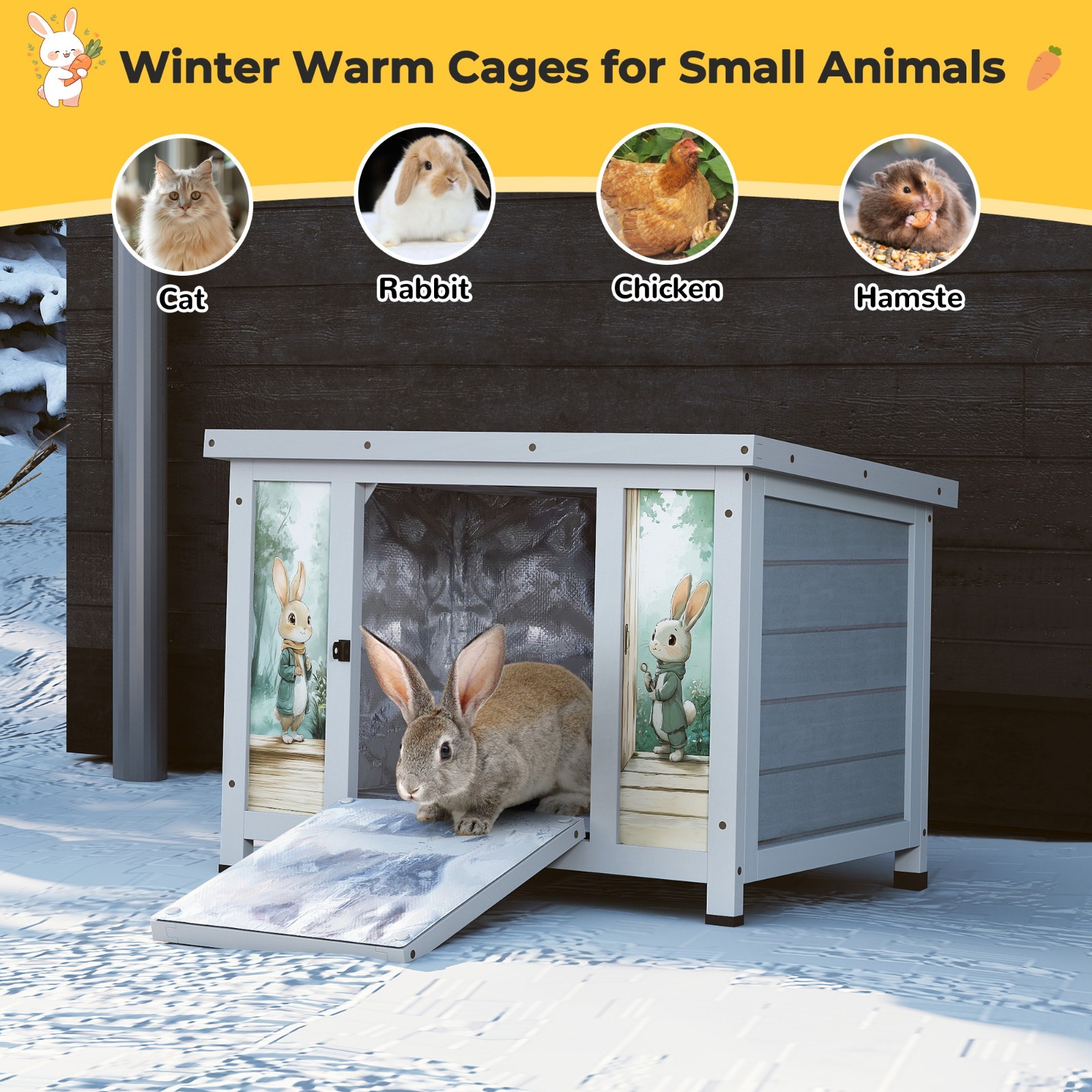 24'' Small Heated Cat House Outdoor Indoor, Insulated Rabbit Hutch w/ Warm Liner